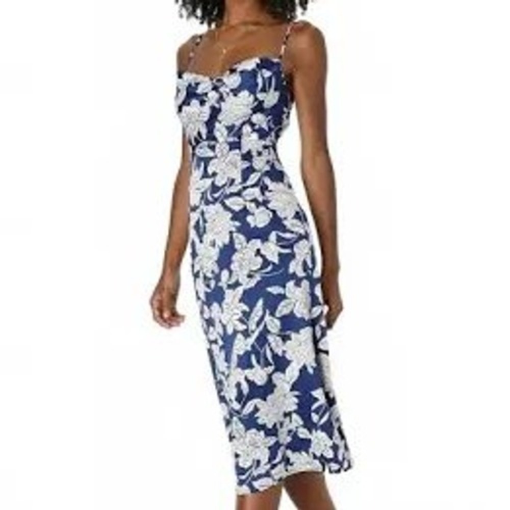 Lulus elevated strappy blue white floral dress strappy backless midi medium navy